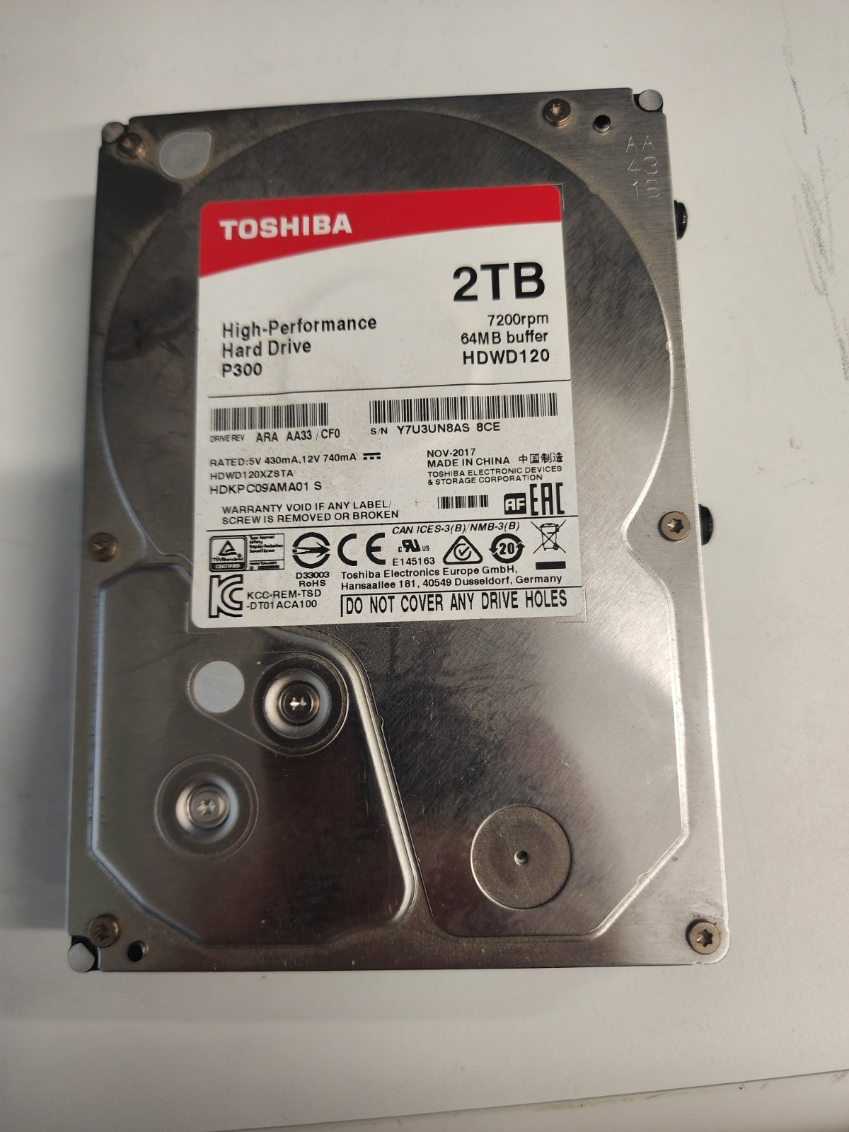 HDWD120XZSTA rev: ARA AA33/CF0 p/n: HDKPC09AMA01 S NOV/2017 2TB SATA 3.5 TOSHIBA