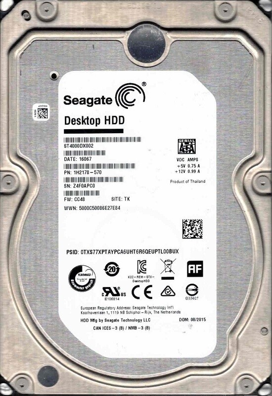ST4000DX002 P/N: 1H2178-570 F/W: CC48 TK Z4F 08/2015 Seagate 4TB