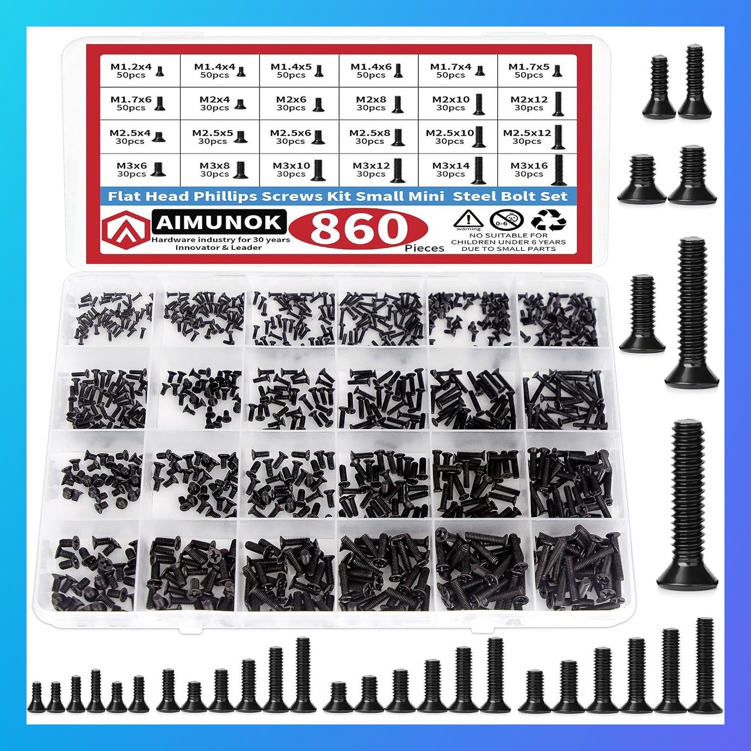 Computer Screws Kit 860 Pcs M1.2-M3 Laptop / PC Repair Hardware Fasteners