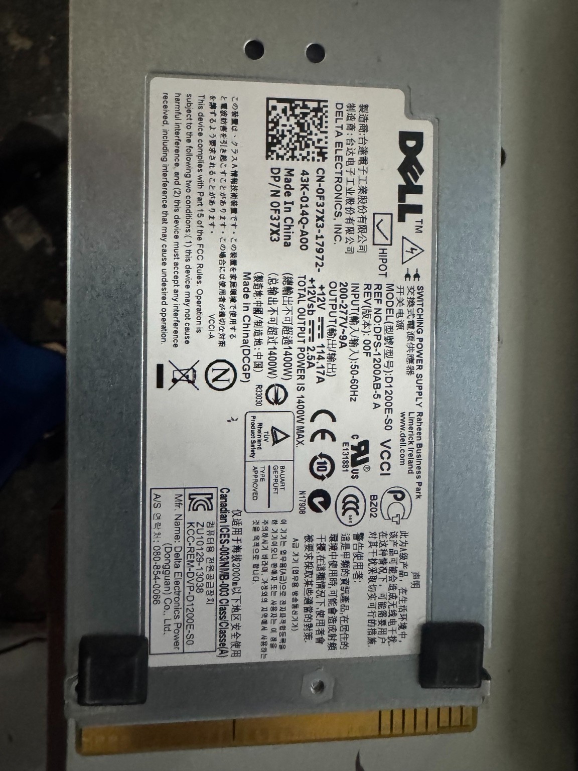 Delta D1200E-S0 1400W Dell 0F37X3 Hot Swap Server Power Supply OEM Used