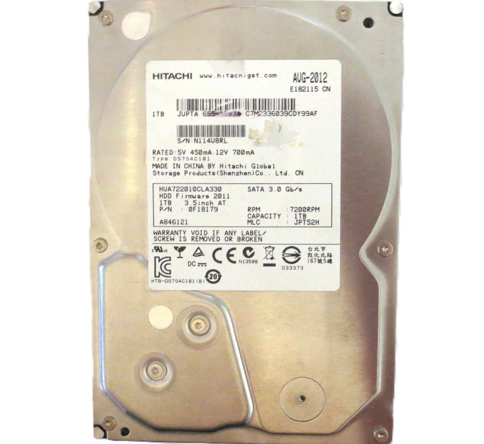 Hitachi HUA722010CLA330 0F18179 JPT52H (N11) China 1.0TB 3.5" Sata HDD AUG-2012