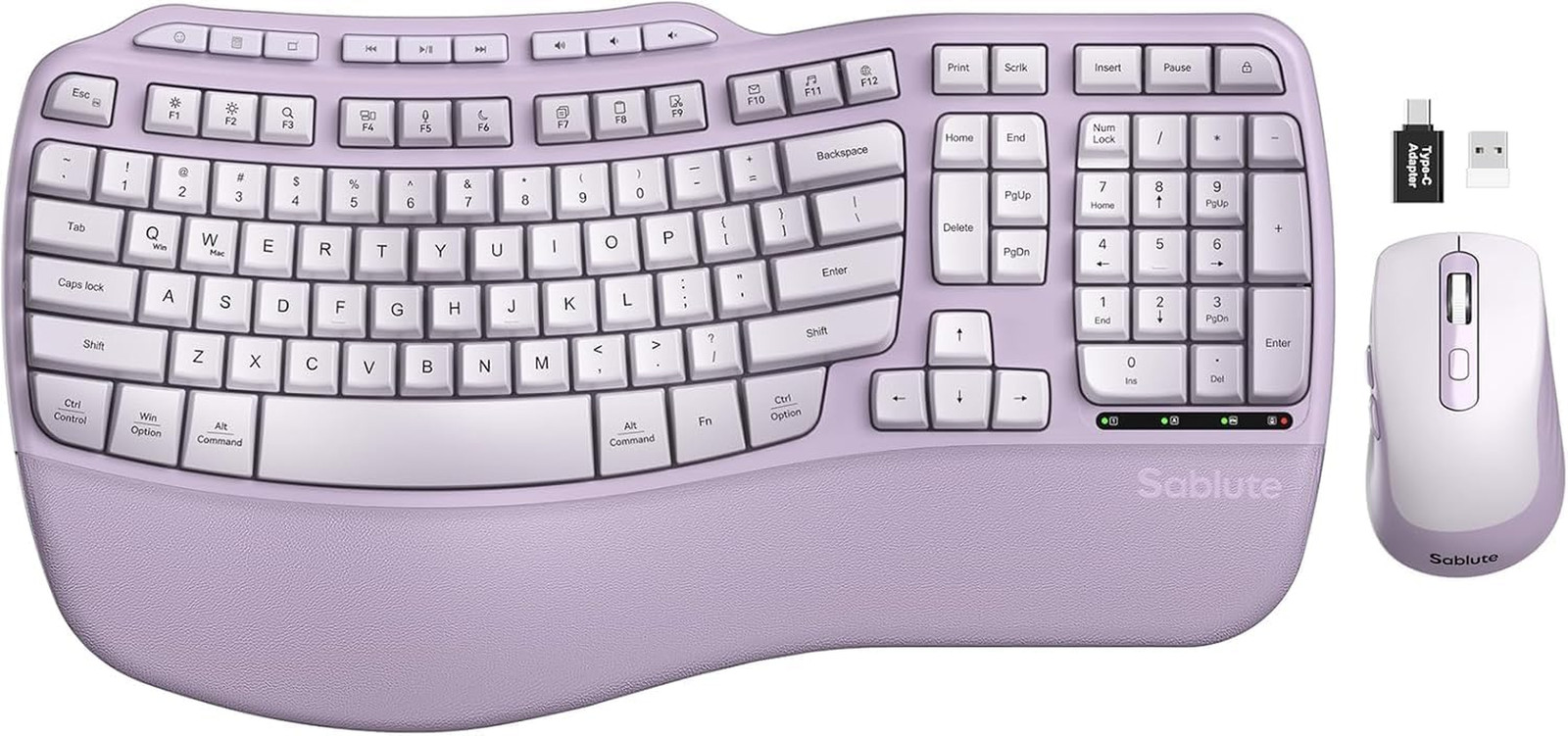 Purple Ergonomic Wireless Keyboard and Mouse Combo,  2.4G Full Size Ergo Wave Ke