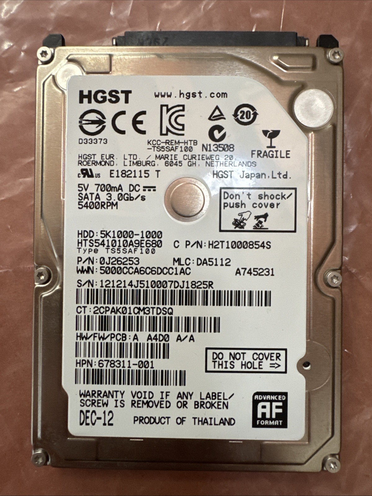 Hitachi 5K1000-1000 1TB 2.5" SATA 6GB/s Hard Disk Drive HDD, HTS541010A9E680