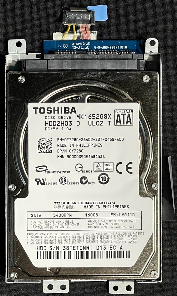 Dell / Toshiba 160GB 2.5" 5400RPM SATA Hard Drive / MK1652GSX / Y728C / K442H