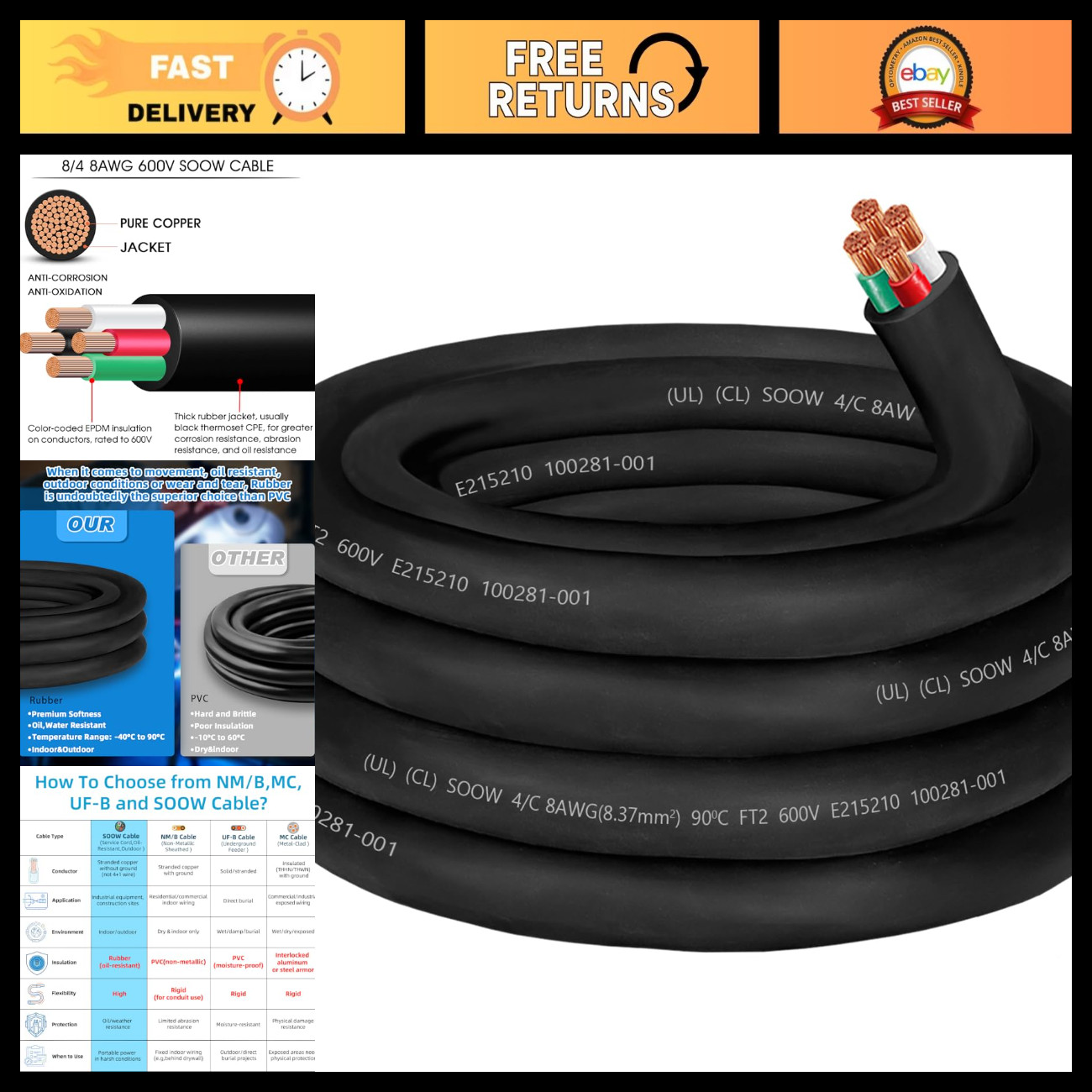 10ft 8/4 SOOW Power Cable, Heavy Duty Portable 40 Amp Electrical Wire, Flexible