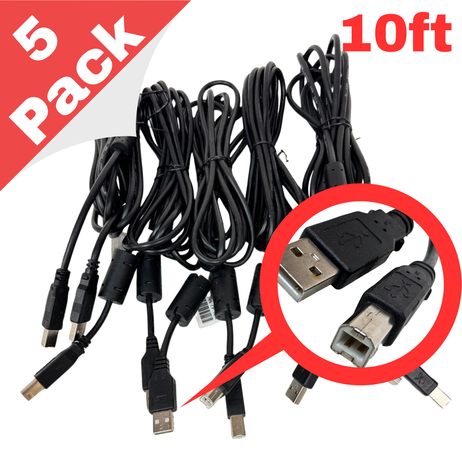 Heavy Duty USB-A to USB-B 2.0 Cable for Printer / External HDD, 10ft, Pack of 5