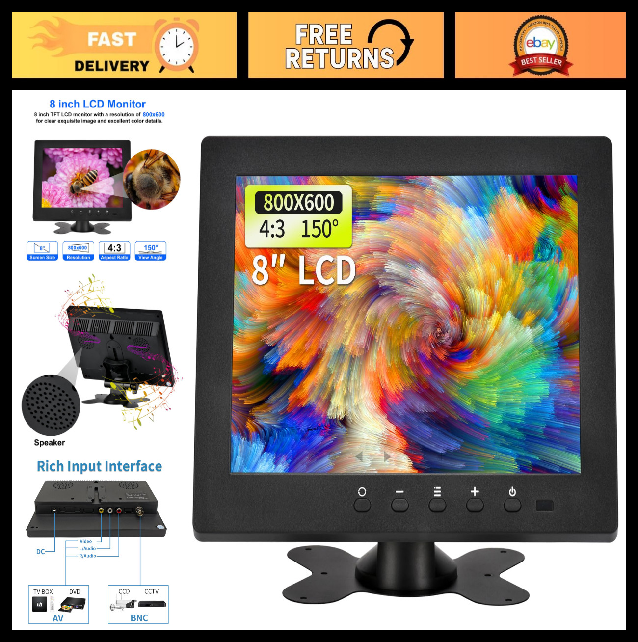 8" LCD Security Monitor with Dual Speakers, 800x600 Resolution, BNC/AV Input, CC