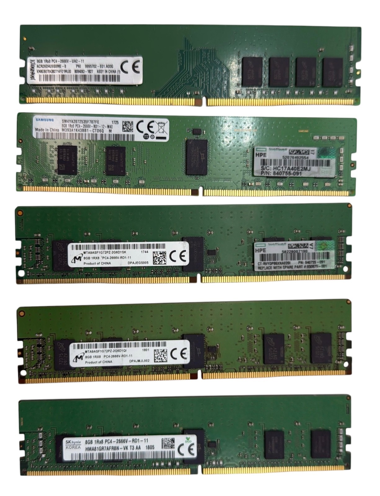Lot of 5 Major Brand 40GB 5x8GB PC4-21300 DDR4-2666V  DIMM Desktop Memory RAM