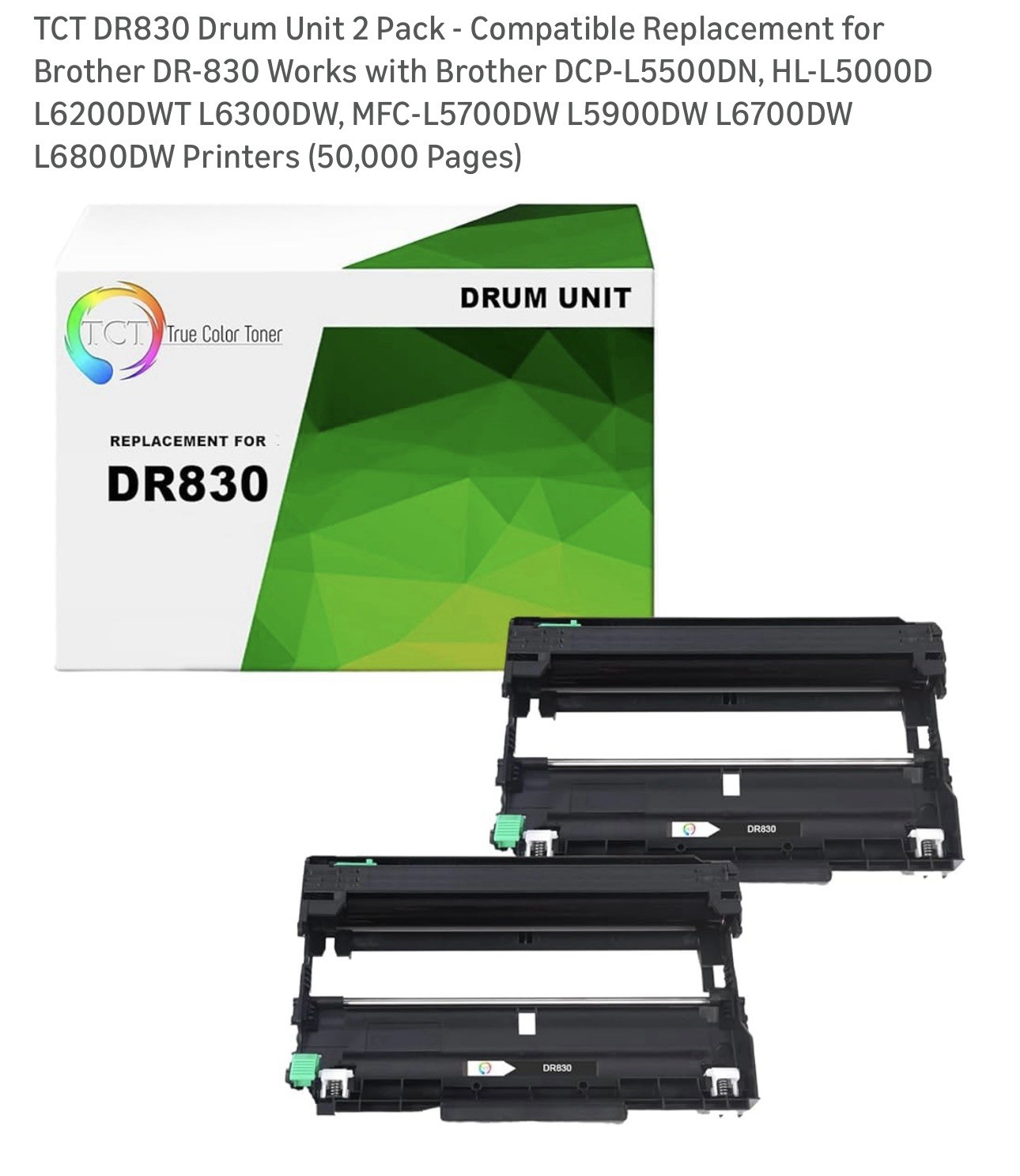 TCT DR830 Drum Unit 2 Pack - Compatible Replacement for Brother DR-830