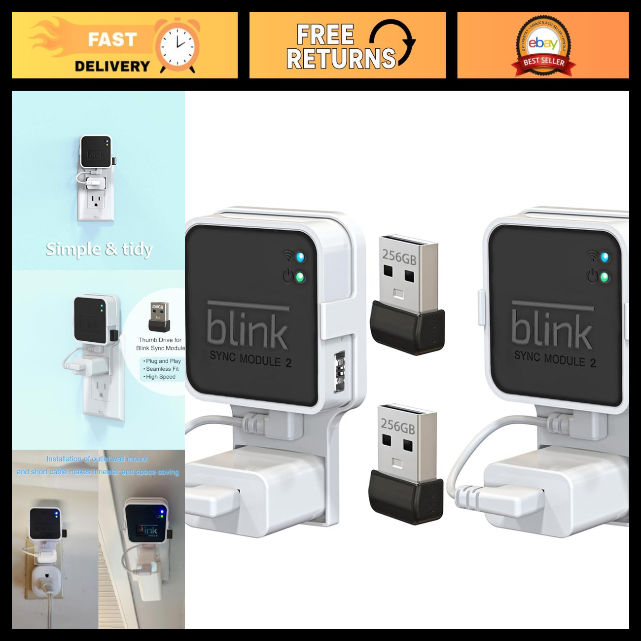256GB USB Flash Drive & Wall Mount for Blink Sync Module 2 - 2 Pack, High-Speed