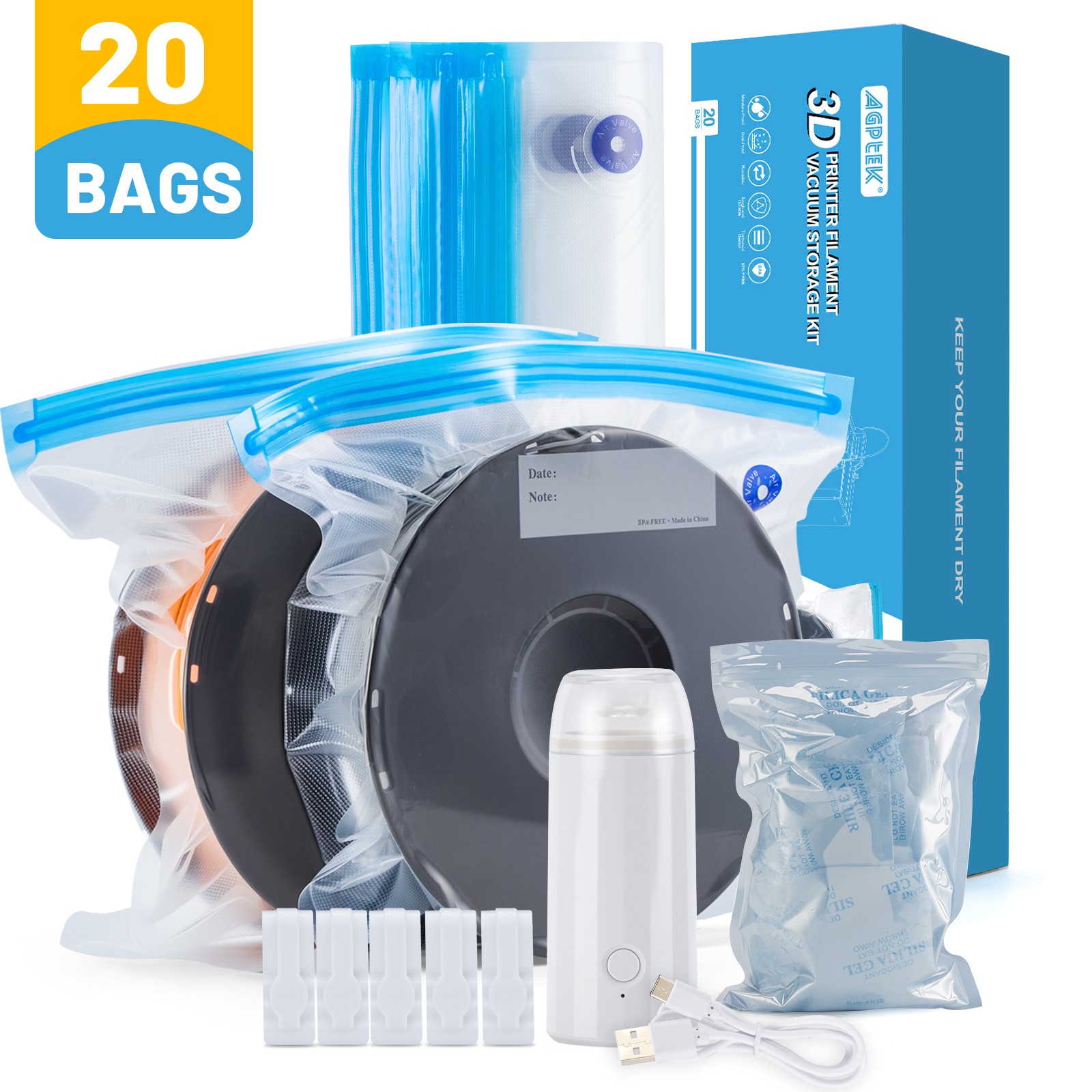 3D Printer Filament Storage Bags 20 Pack Vacuum Sealed Kit with Electric Pump