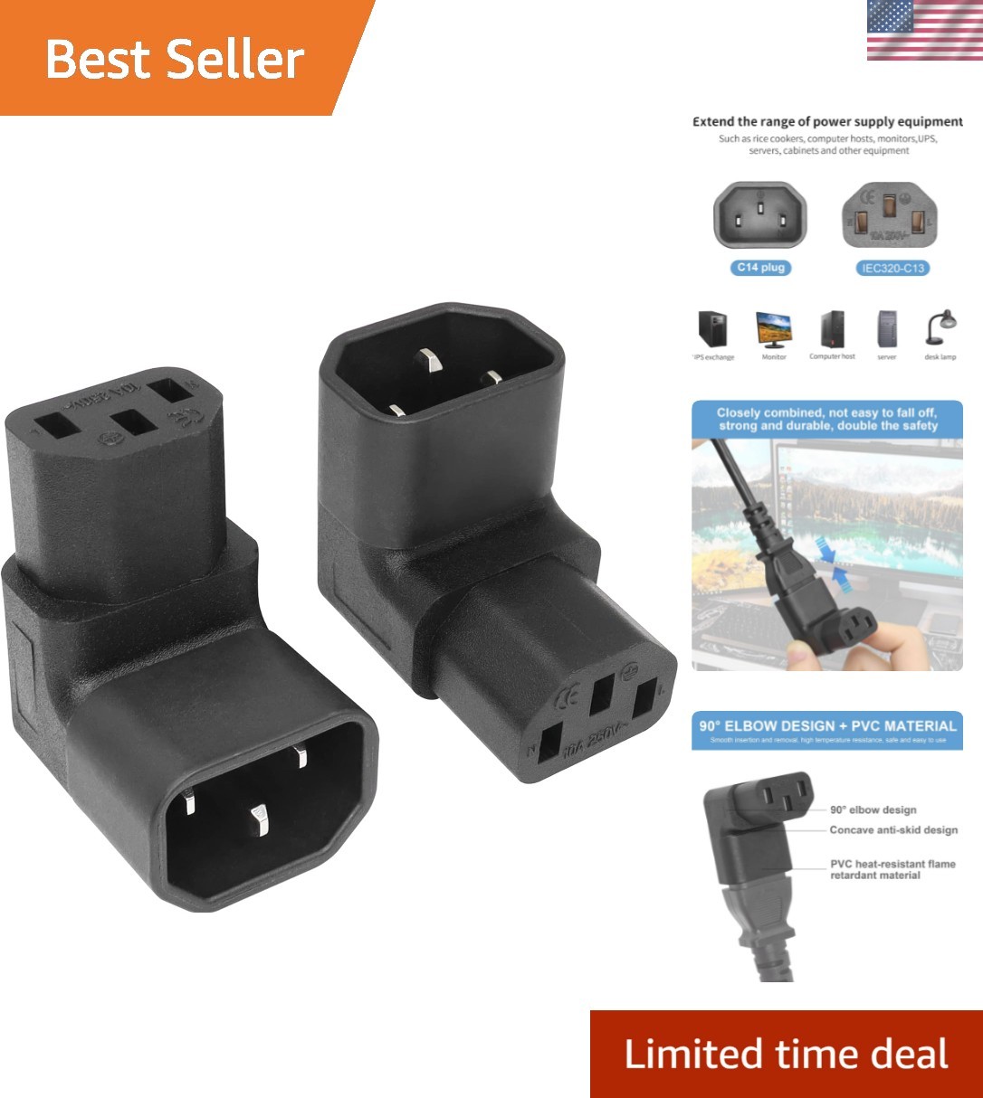 Durable 90 Degree C14 to C13 Power Extension Adapter - Space-Saving Design