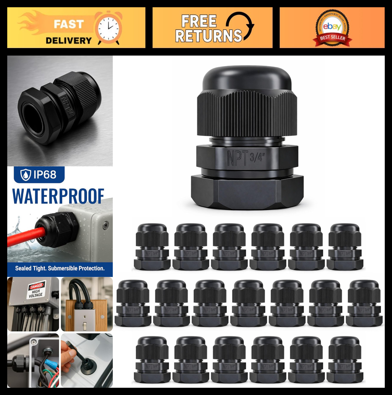 3/4" NPT Strain Relief Cable Glands - Nylon Cord Grip Grommet 20-Pack, Black Pla