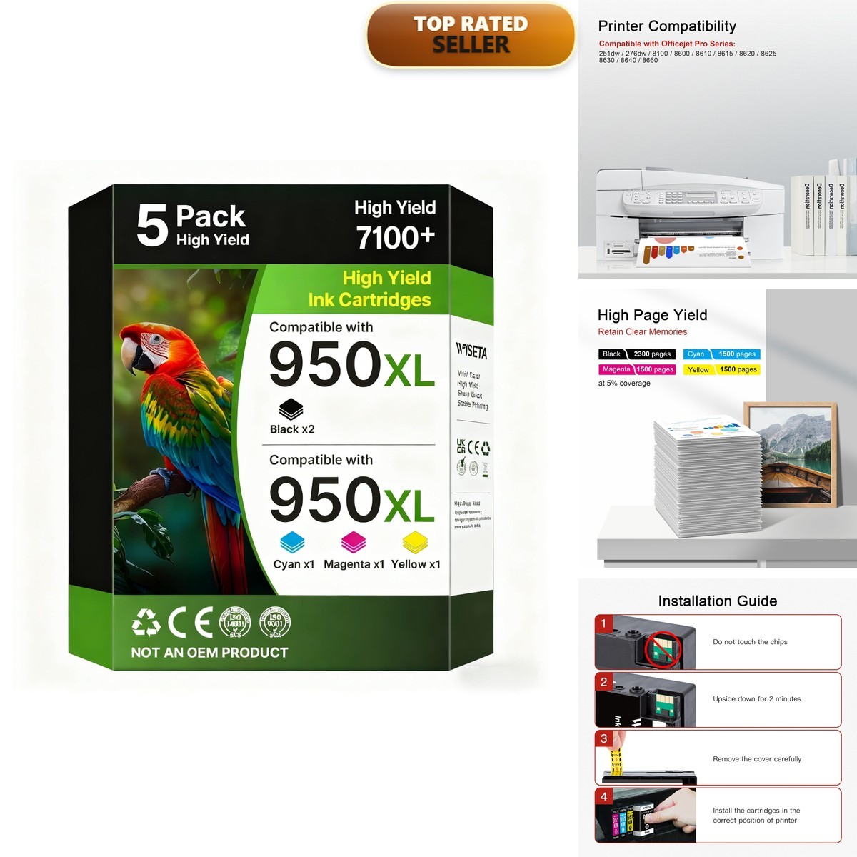 Wiseta 950XL 951XL Ink Cartridges 5-Pack 2 Black Cyan Magenta Yellow for HP