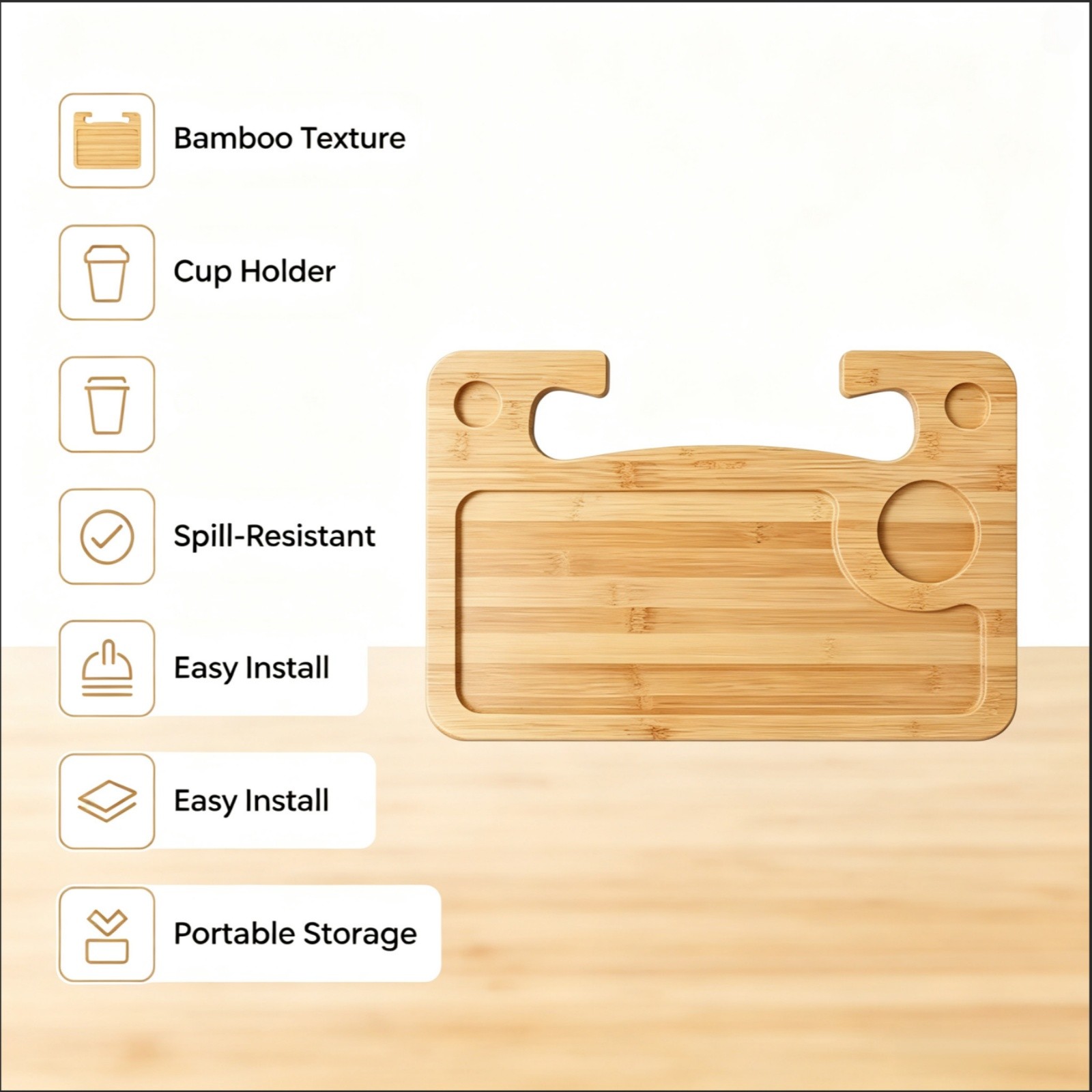 Sturdy Bamboo Steering Wheel Desk Car Tray Laptop Food 2in1