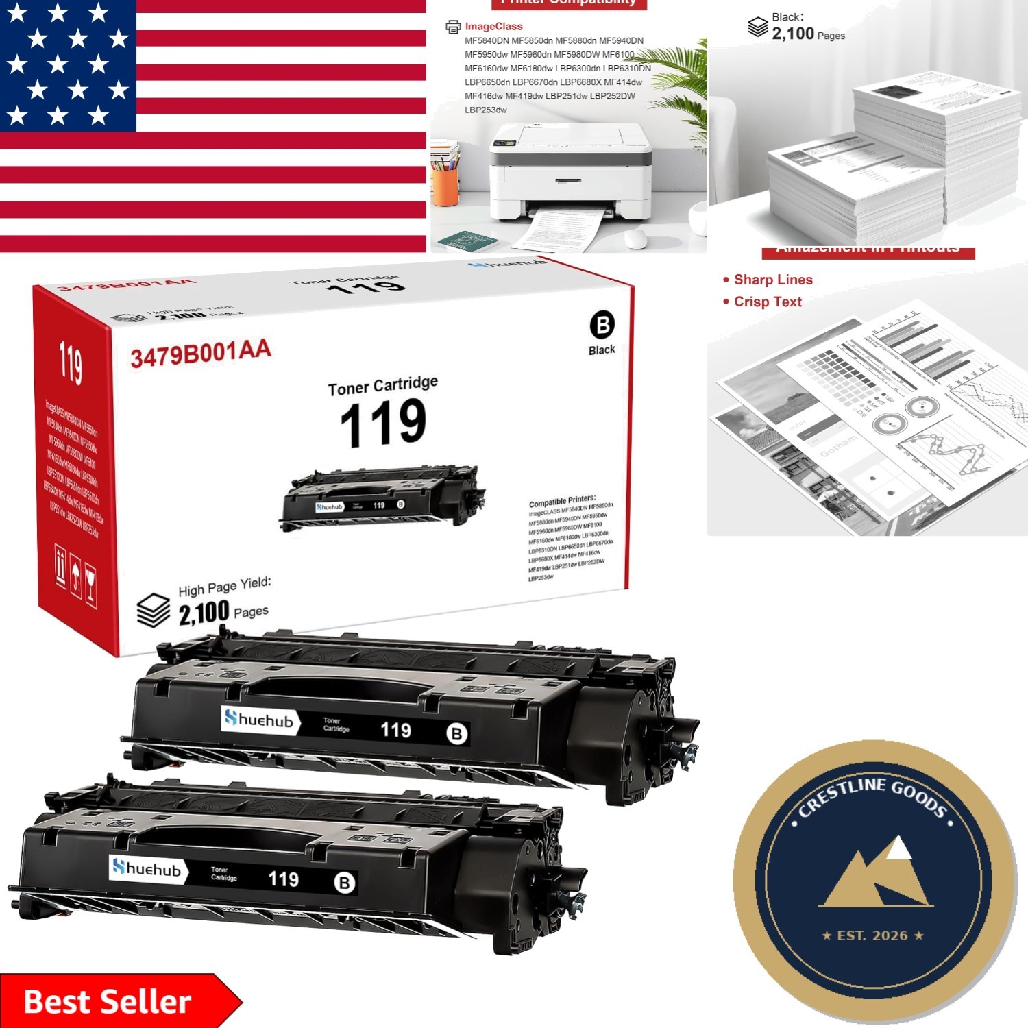 Efficient 2-Pack CRG-119 Black Toner for Canon Laser Printers - 2100 Page Yield