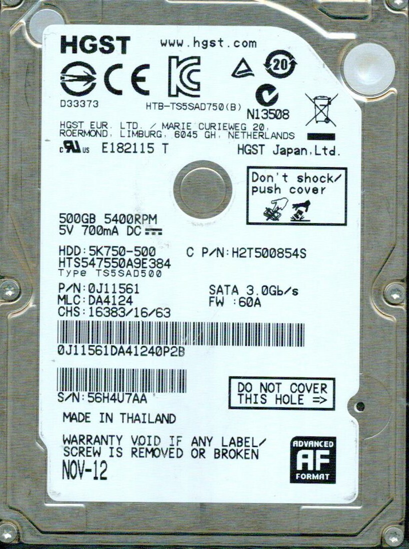 HTS547550A9E384,  P/N: 0J11561, MLC: DA4124  HGST SATA 500GB  2012