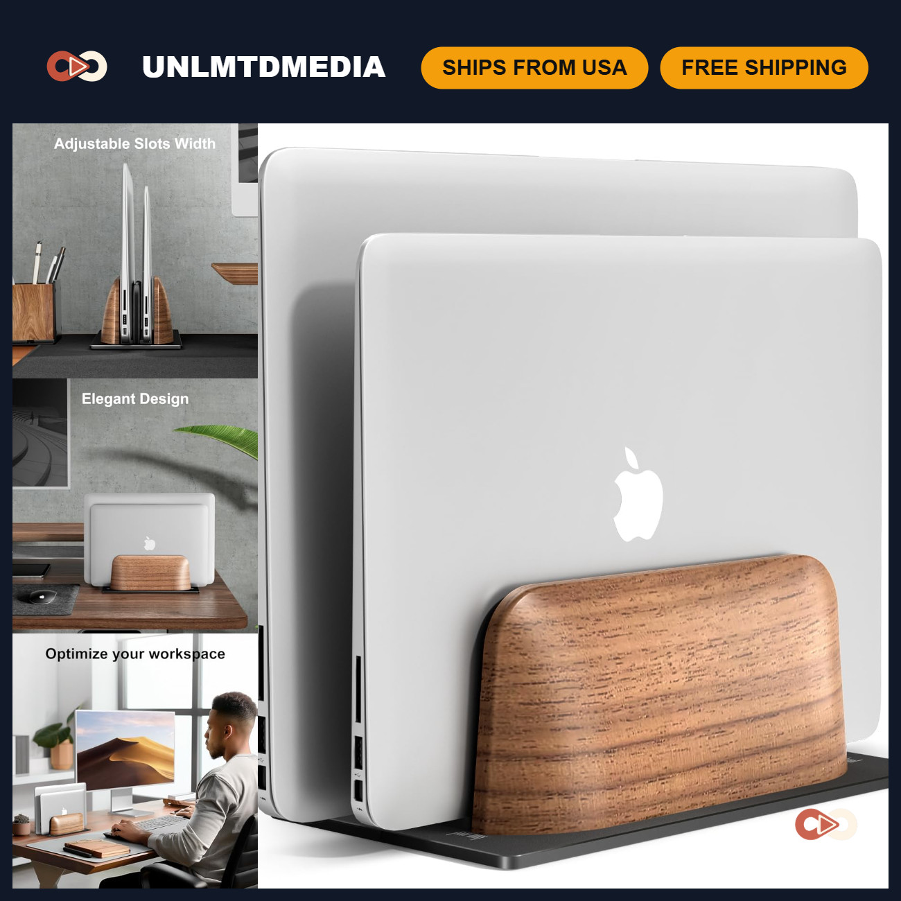 Vertical Laptop Stand - Dual Slot Wooden Holder for Desk - Space-Saving Organize