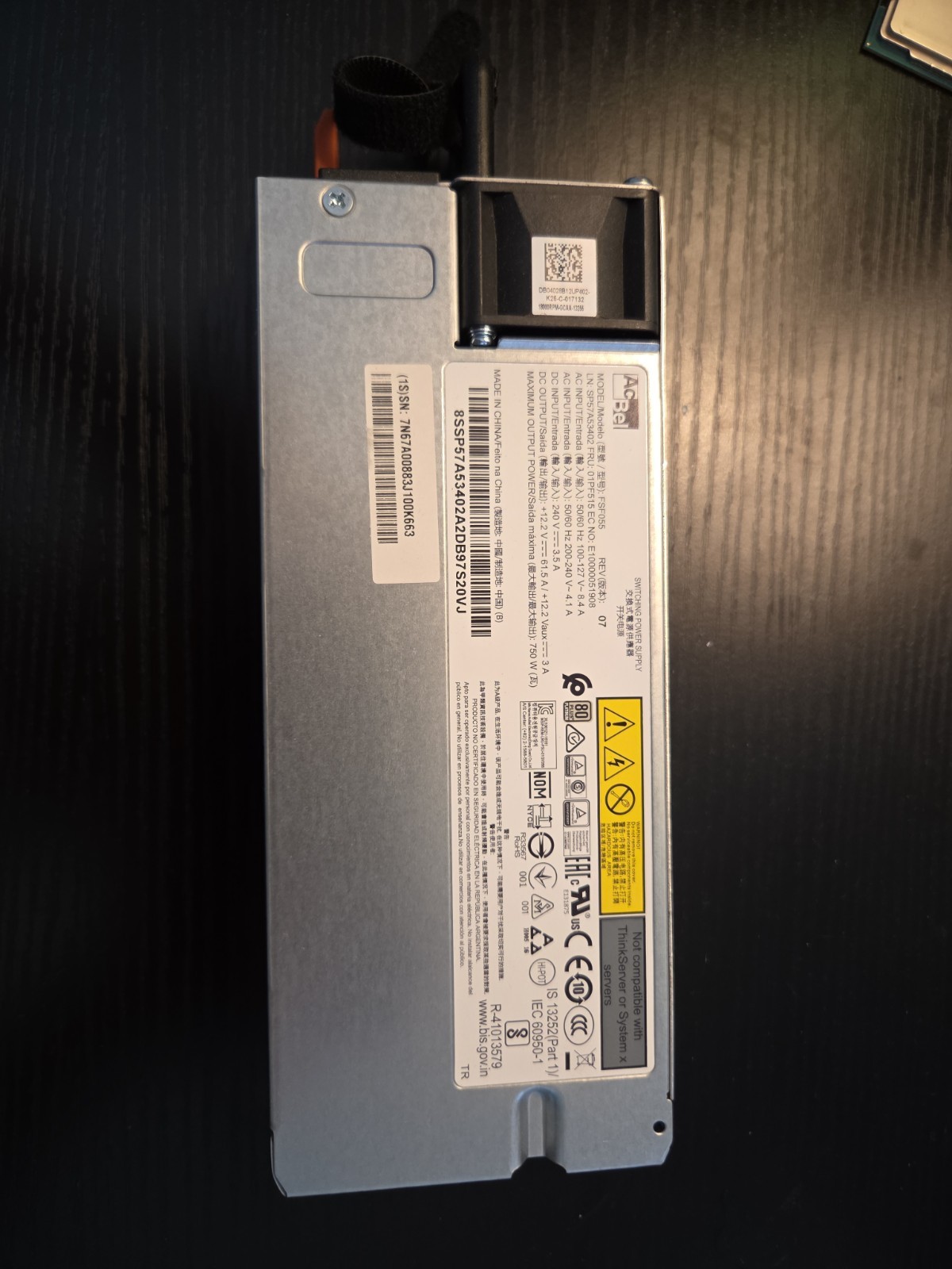Lenovo FSF055 750W Power Supply for ThinkSystem FRU P/N: 01PF515