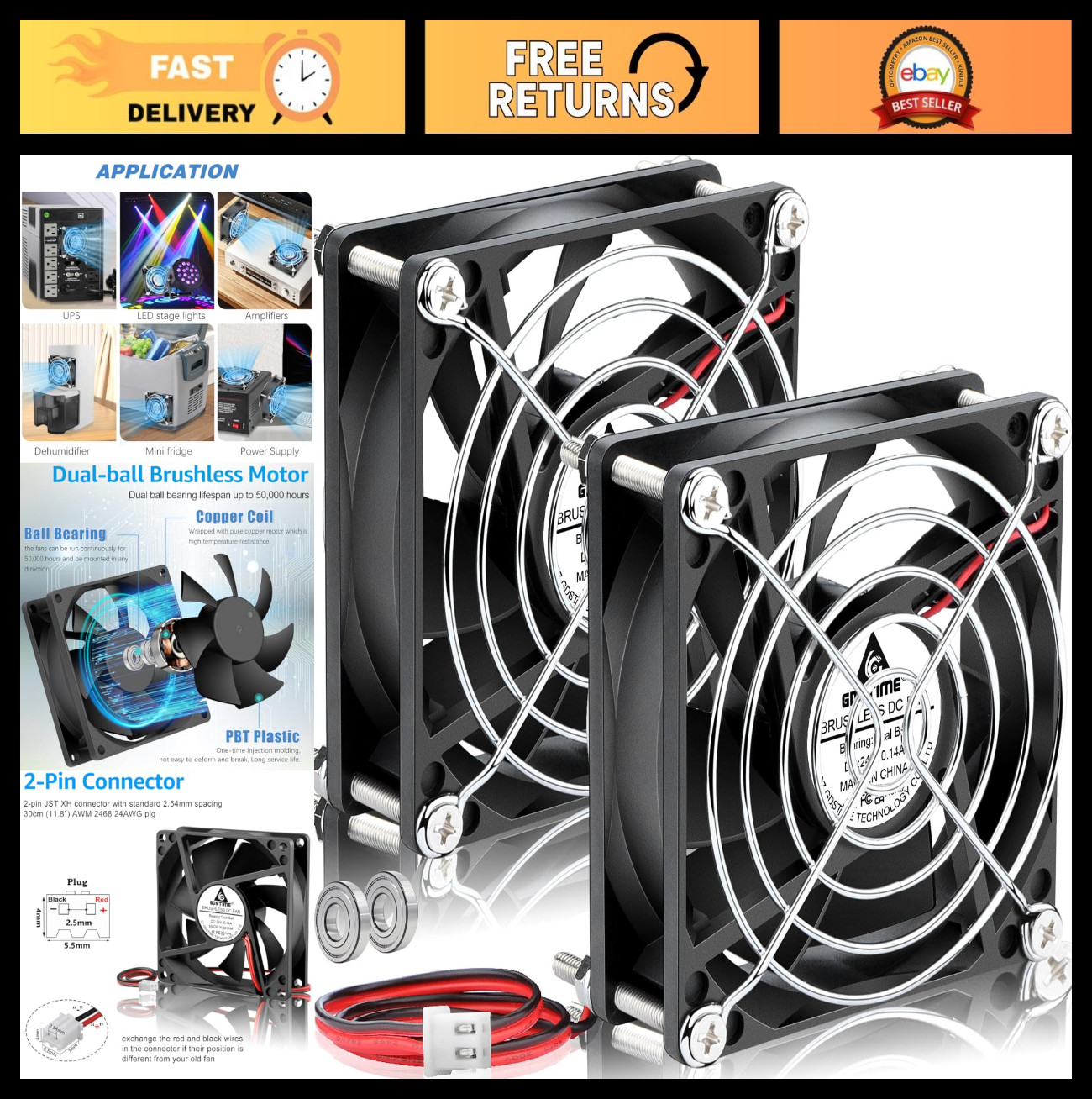 2-Pack 80mm Brushless DC Cooling Fans, High Speed 24V, Dual Ball Bearing, 8025 2