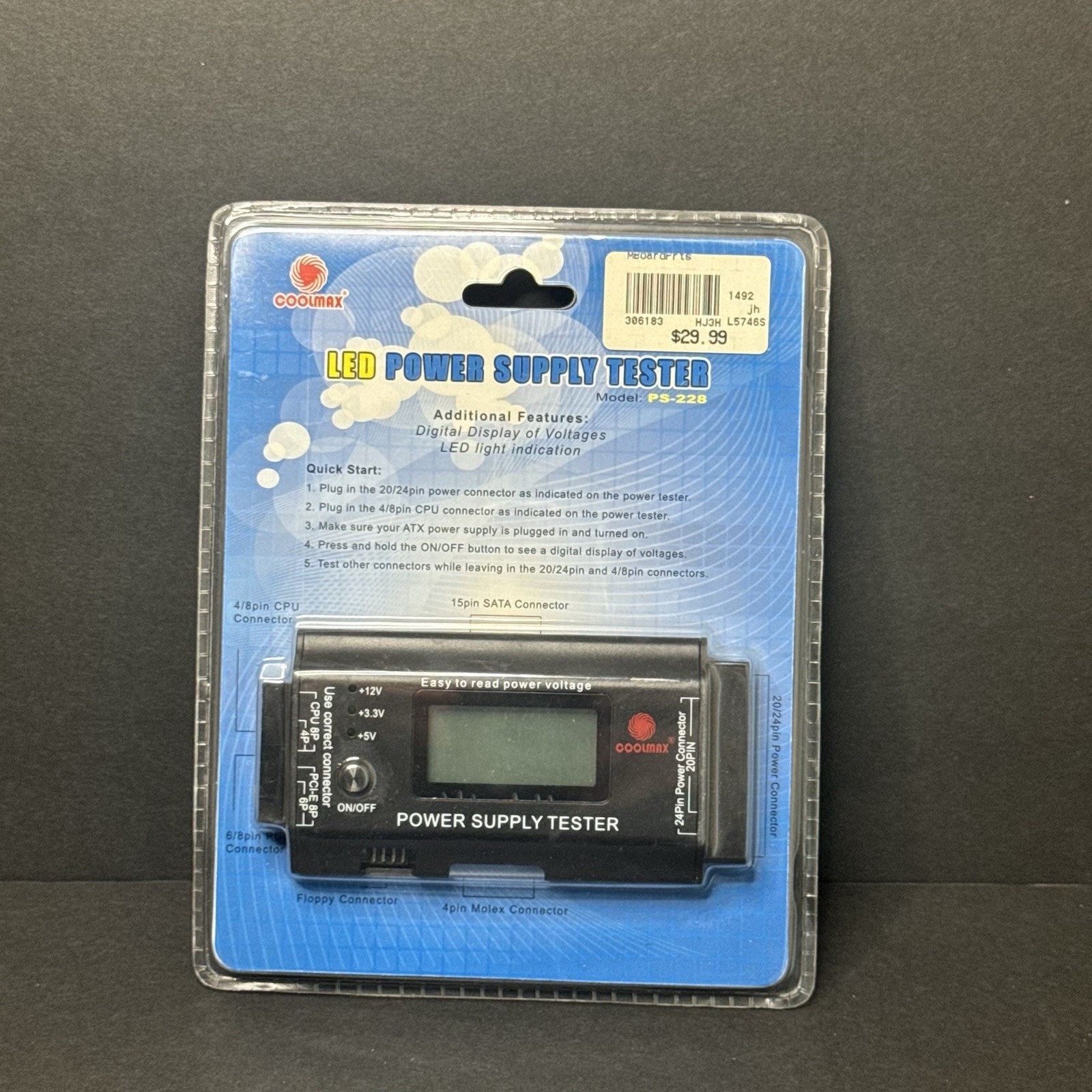 Coolmax PS-228 LCD ATX Power Supply Tester PSU SATA 20/24 Pin New Sealed