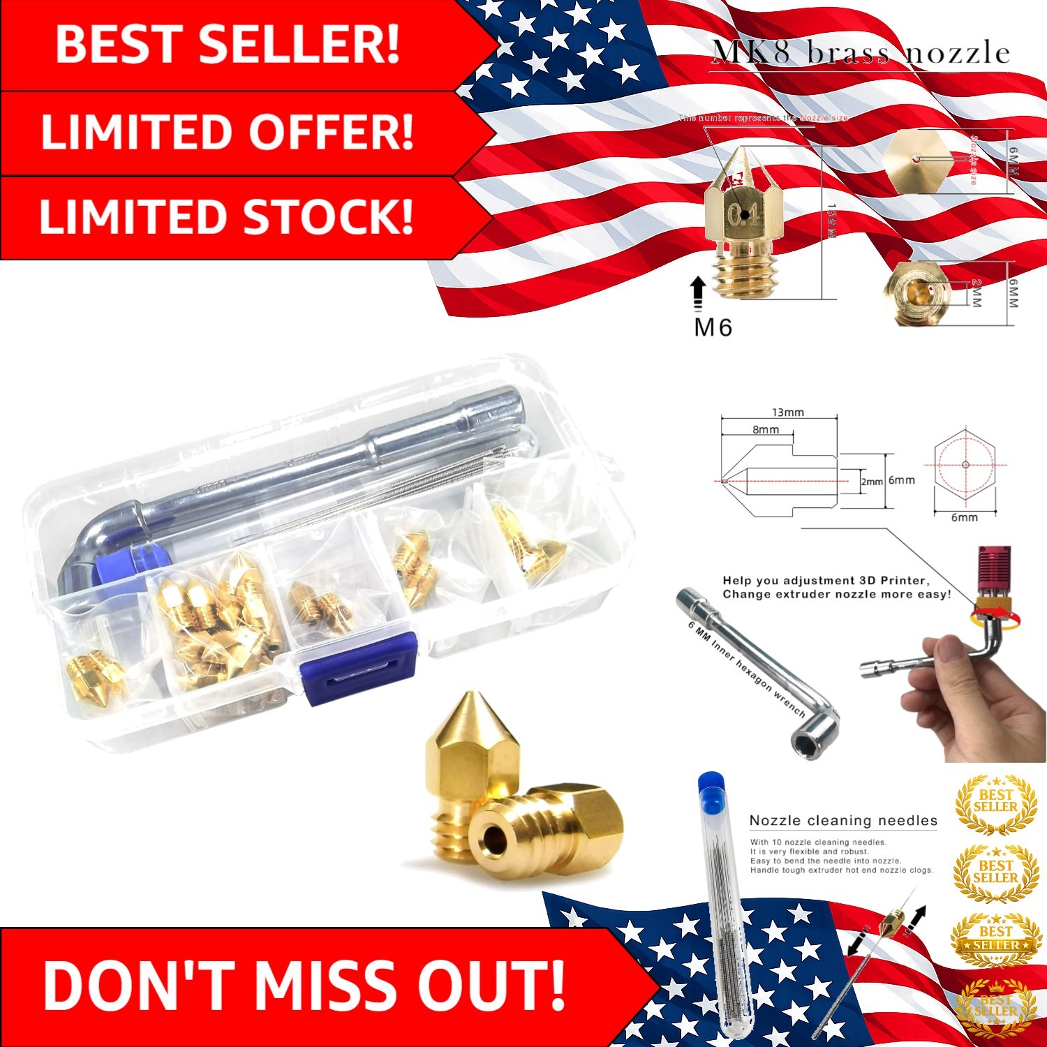 24-Piece MK8 Brass Nozzle Kit for CR Series & Ender 3 3D Printers - Versatile