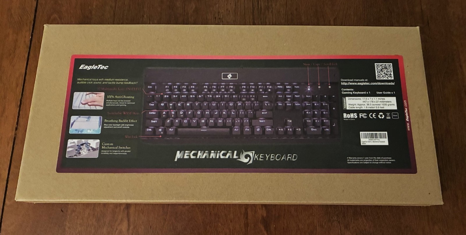 EagleTec KG010 Mechanical Keyboard Black Blue LEDs USB Illuminated PC Gaming New