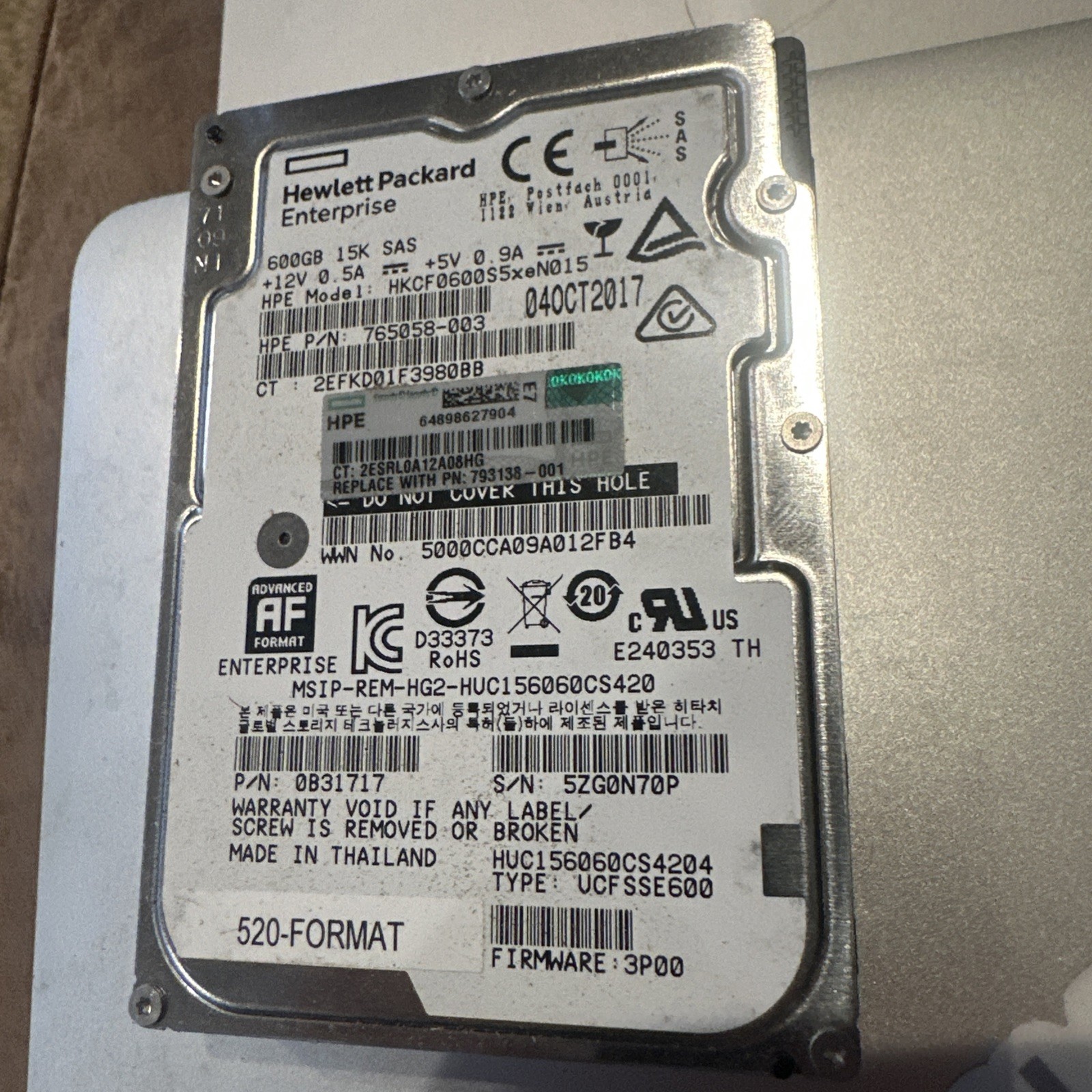 HP 600GB 15K 12G SAS 2.5" HDD Model: HKCF0600S5xeN015 for 3PAR P/N: 765058-003