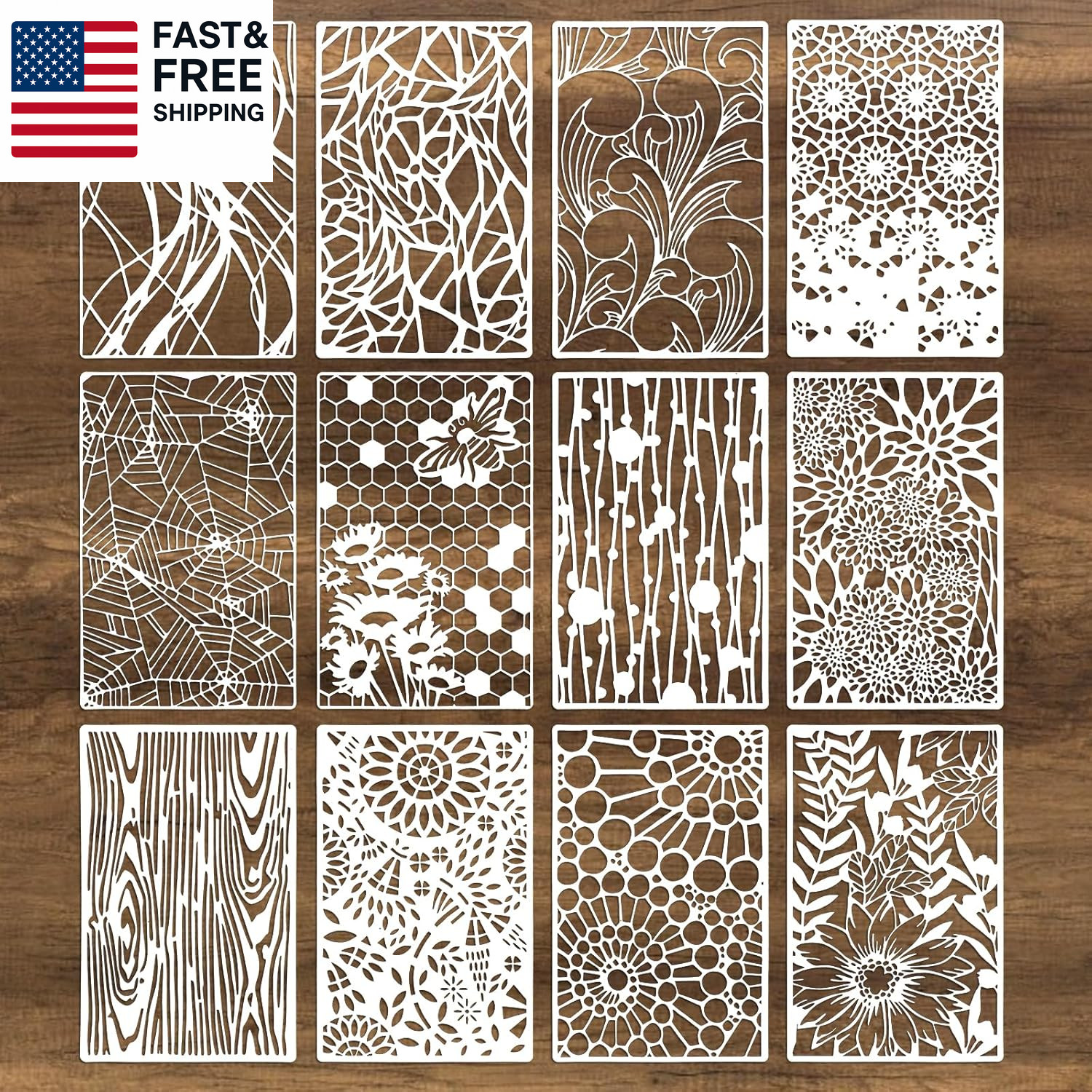 12Pcs Mixed Stencils for Painting, Art Stencils for Crafts Reusable, Wood Grains