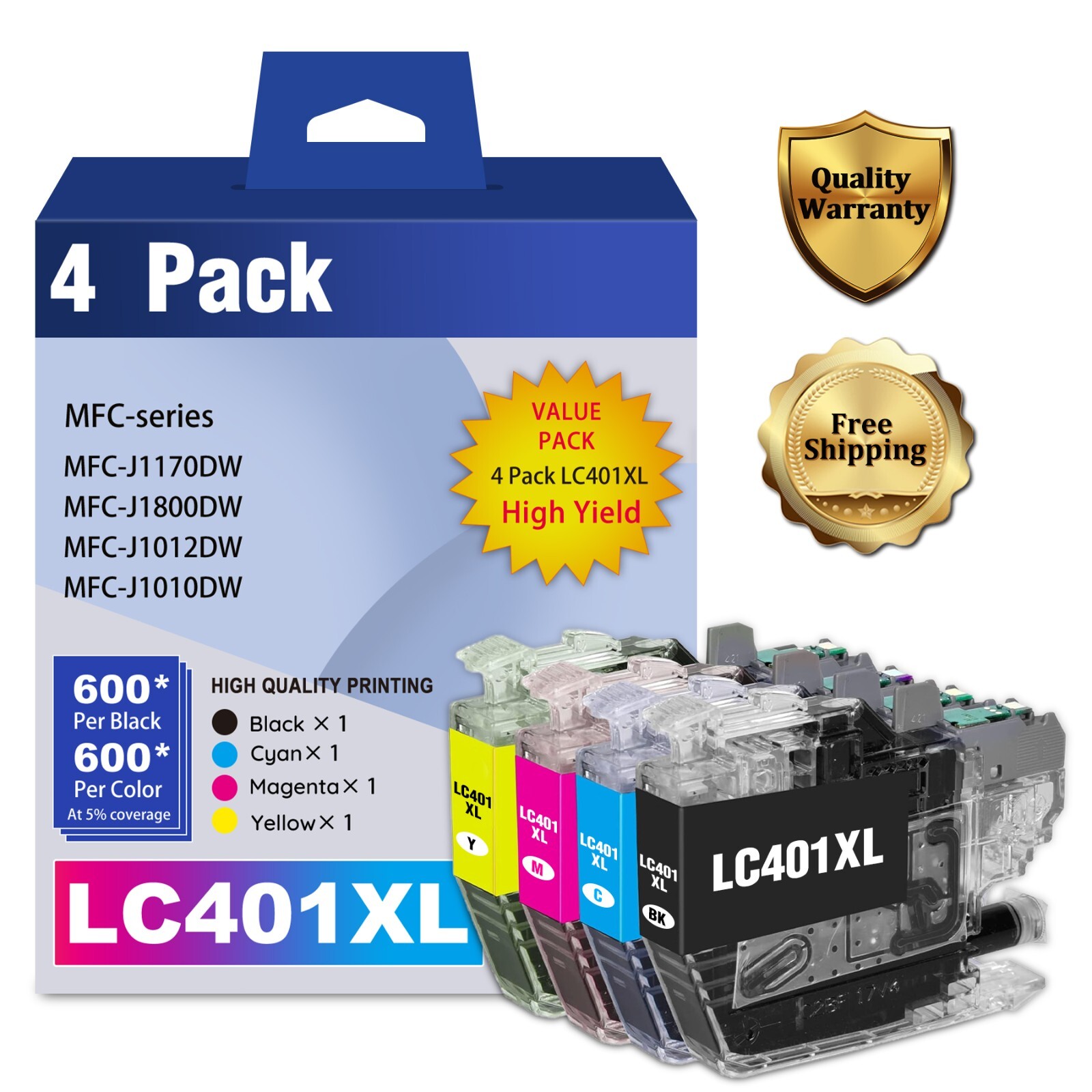 LC401XL Ink Cartridges 4-Pack for Brother MFC-J1800DW J1010DW J1012DW Printers