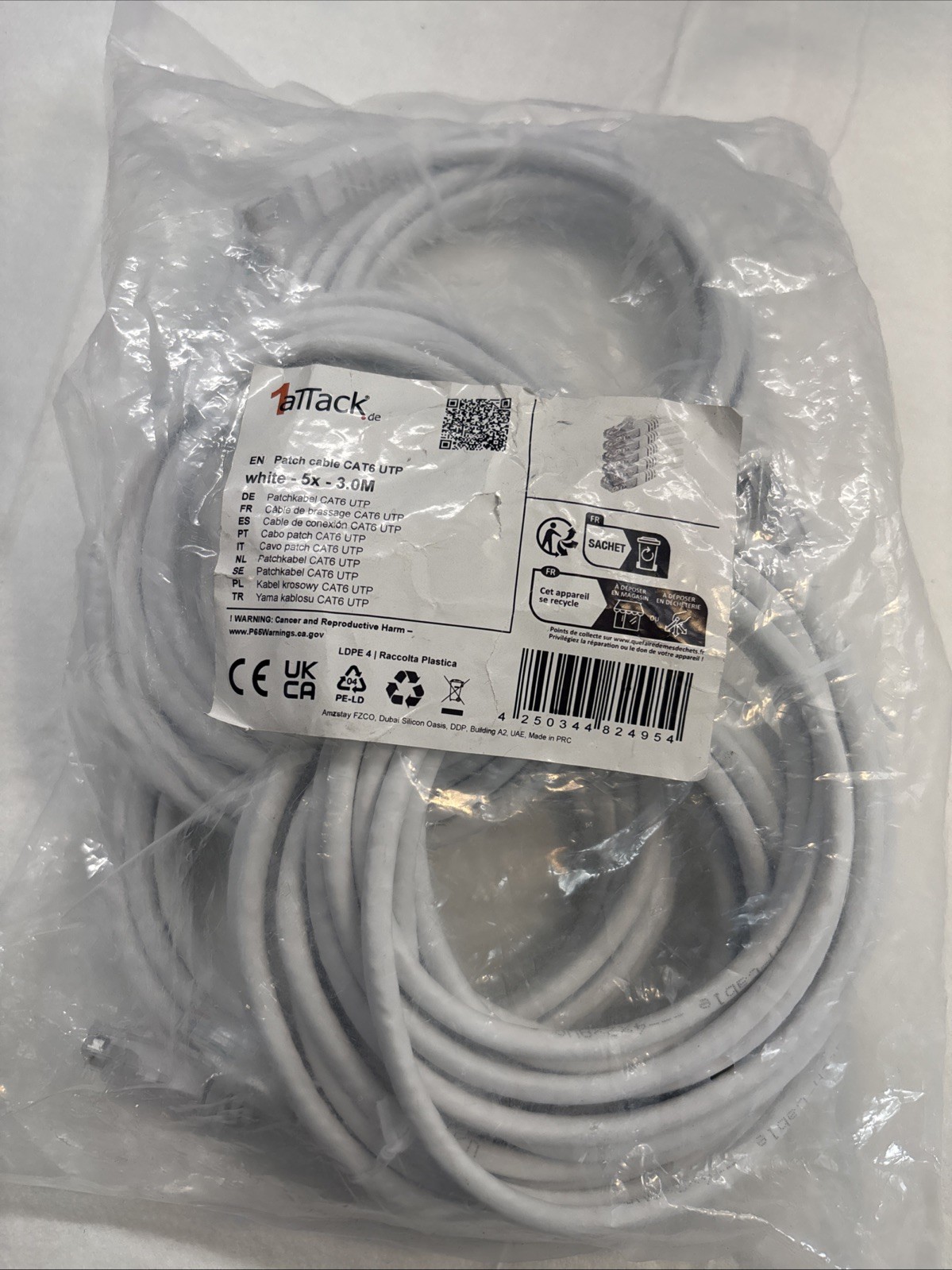 1attack CAT 6 UTP Patch Cable, White-5 Pack 3.0M Ethernet/Networking Cable