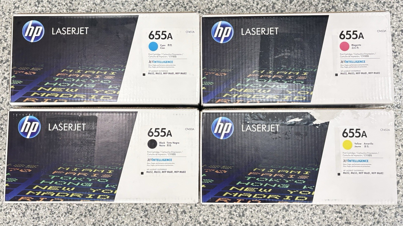 HP 655A OEM Toner Cartridge Set of 4 Black, Cyan, Magenta, Yellow New Sealed Box