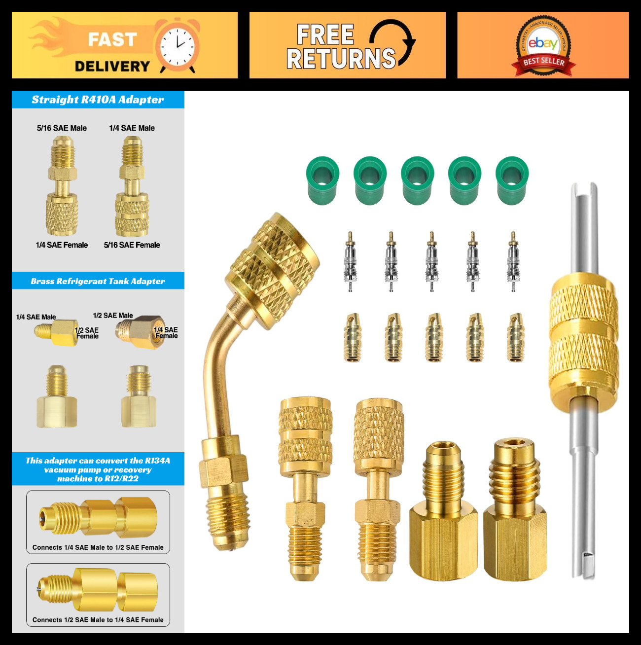 R410A Mini Split Adapter, 5/16" Female to 1/4" Male Flare, R134A Vacuum Pump Too