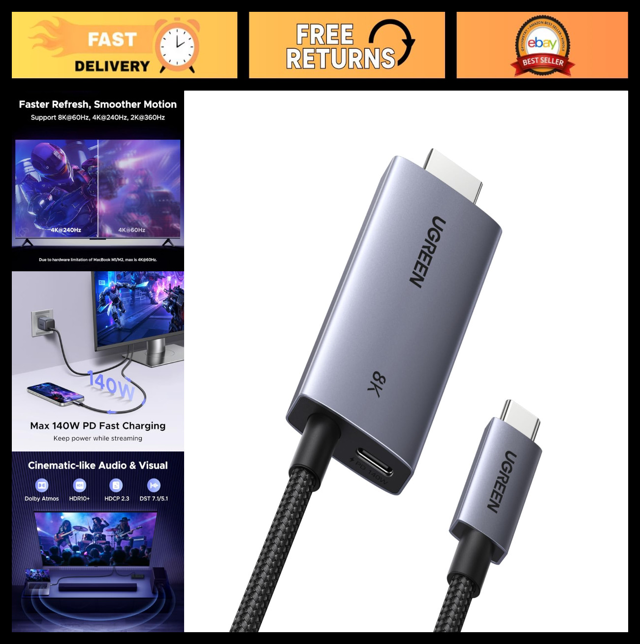 USB C to HDMI Cable 8K@60Hz, 140W PD Fast Charging, 6.6FT - High-Speed Adapter