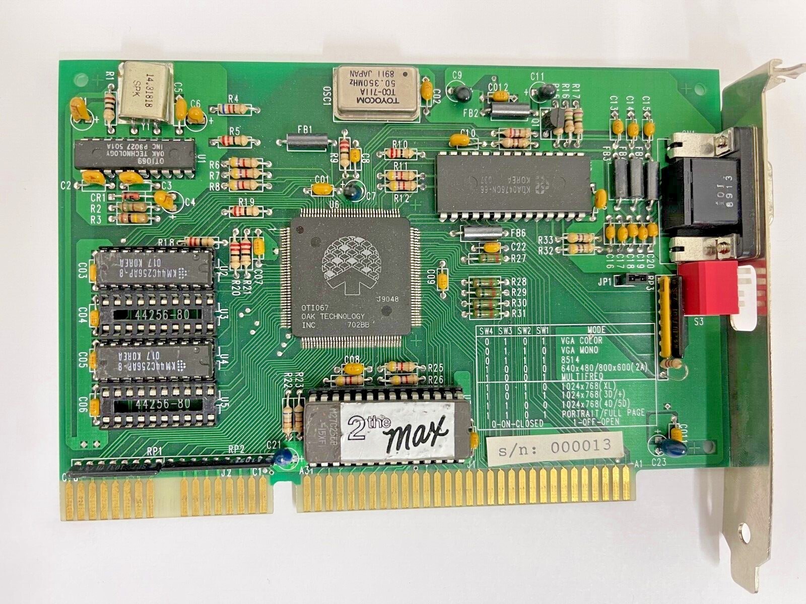 RARE VINTAGE 2 THE MAX OAK TECHNOLOGY OTI067 256K 512K 16-BIT VGA CARD MXB14