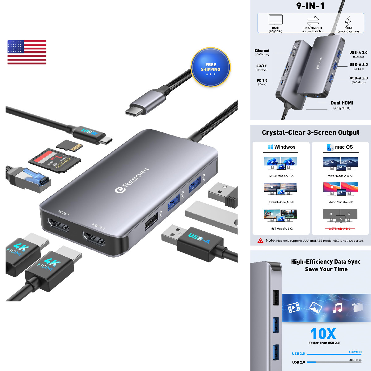 Reborn Laptop Docking Station Dual Monitor 9-In-1 Usb C Hub Dual Monitor 4K