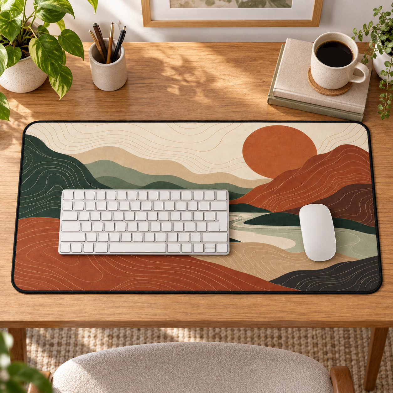 Boho Mountain Desk Mat & Mouse Pad, Earthy Landscape Extended Mousepad