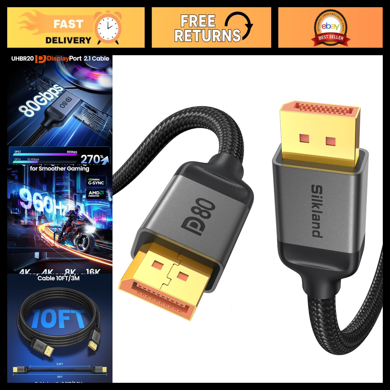 80Gbps DisplayPort 2.1 Cable 10FT/3M, HDR Gaming Cord for PC, Monitor, TV