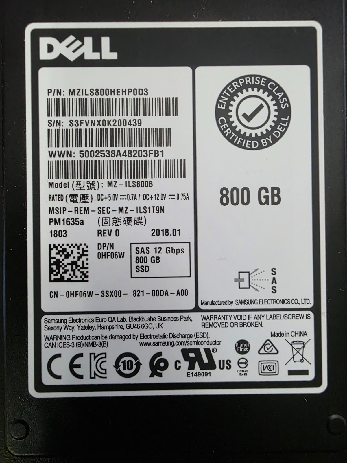 Dell 800GB SAS 12Gbps 2.5" SSD MZILS800HEHP0D3 0HF06W Mixed Use