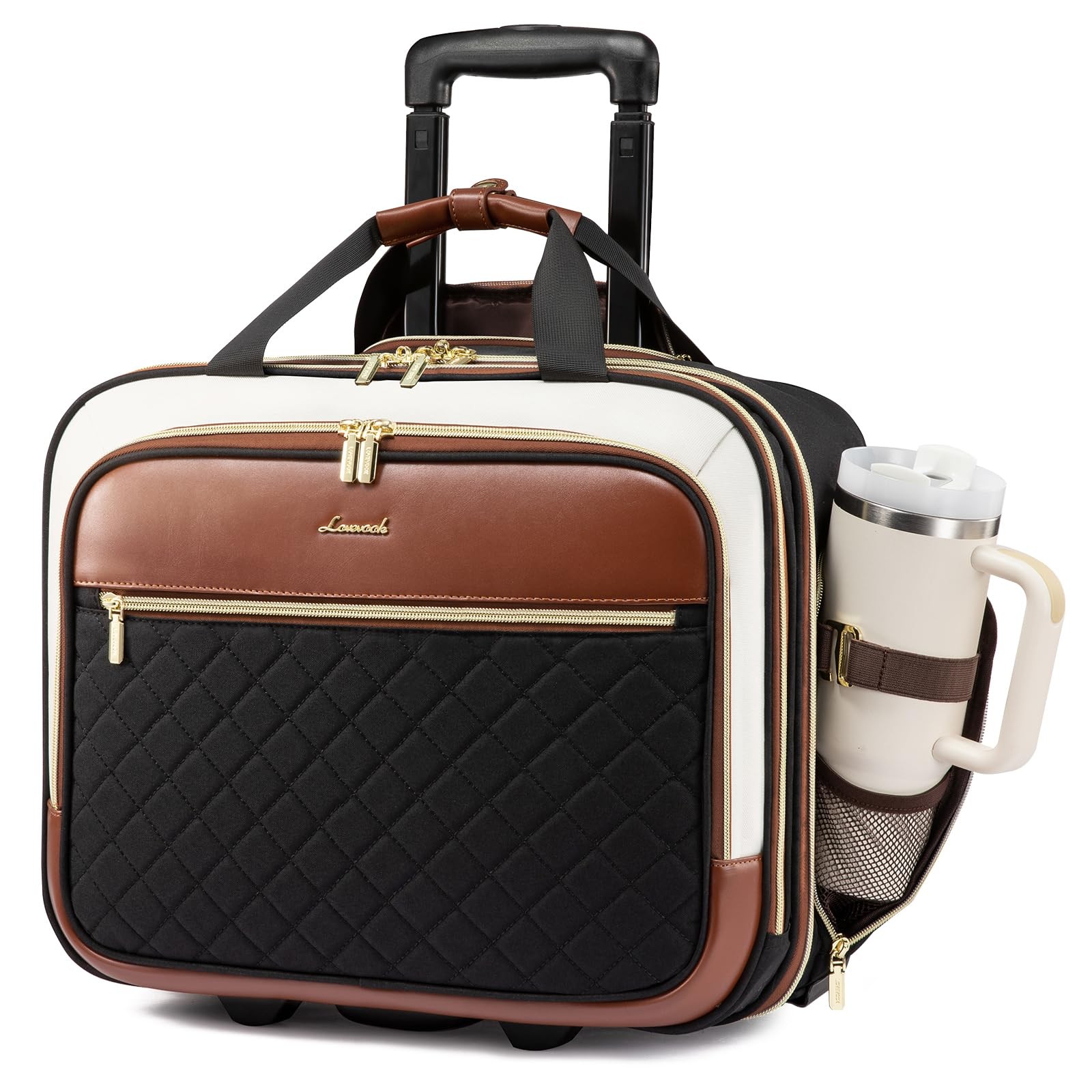 LOVEVOOK Rolling Laptop Bag for Women, Underseat 17.3inch, Black-brown-white