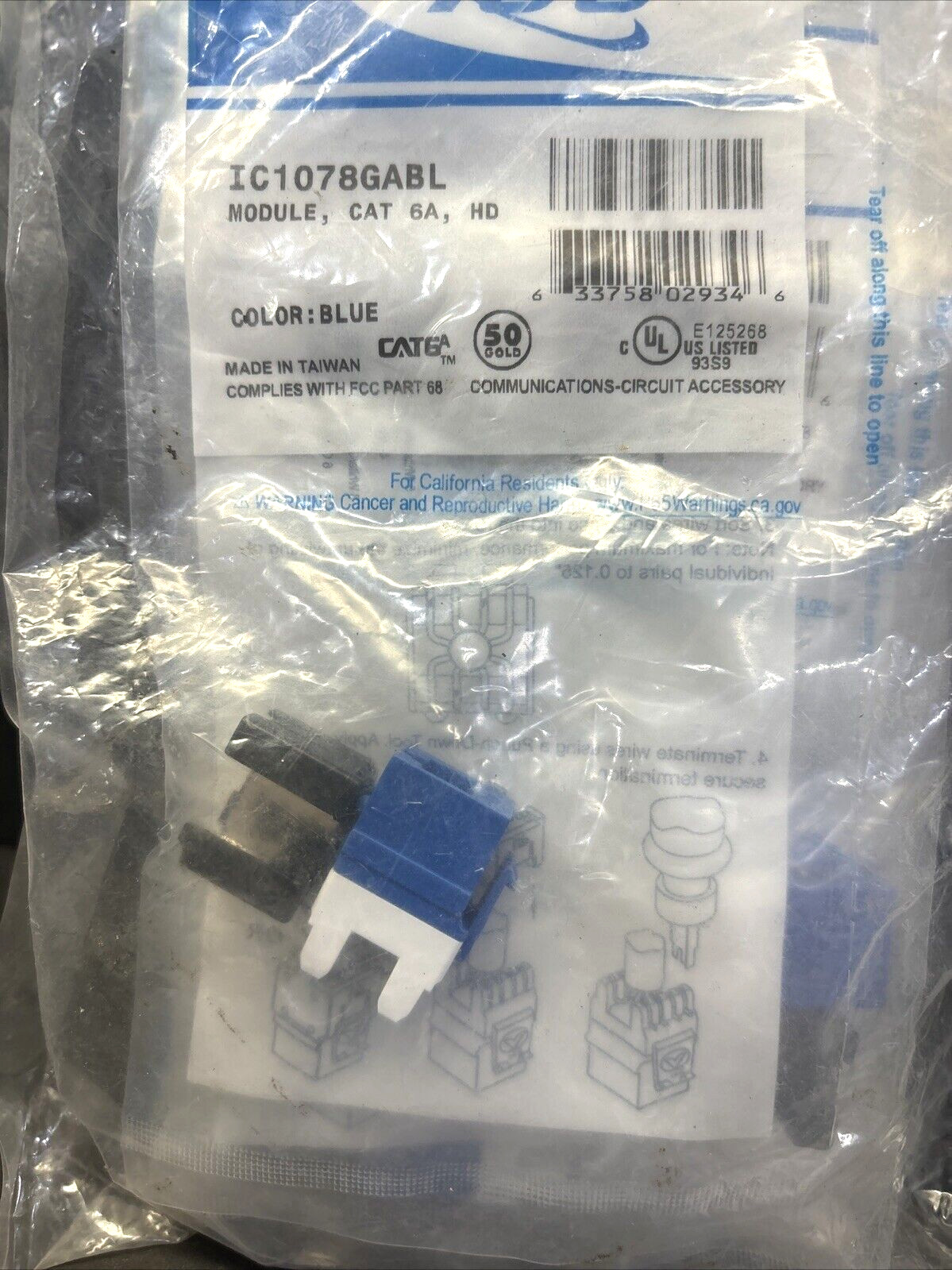 6- ICC IC1078GABL Cat6A High Density Module in Blue, Sealed ICC Packages