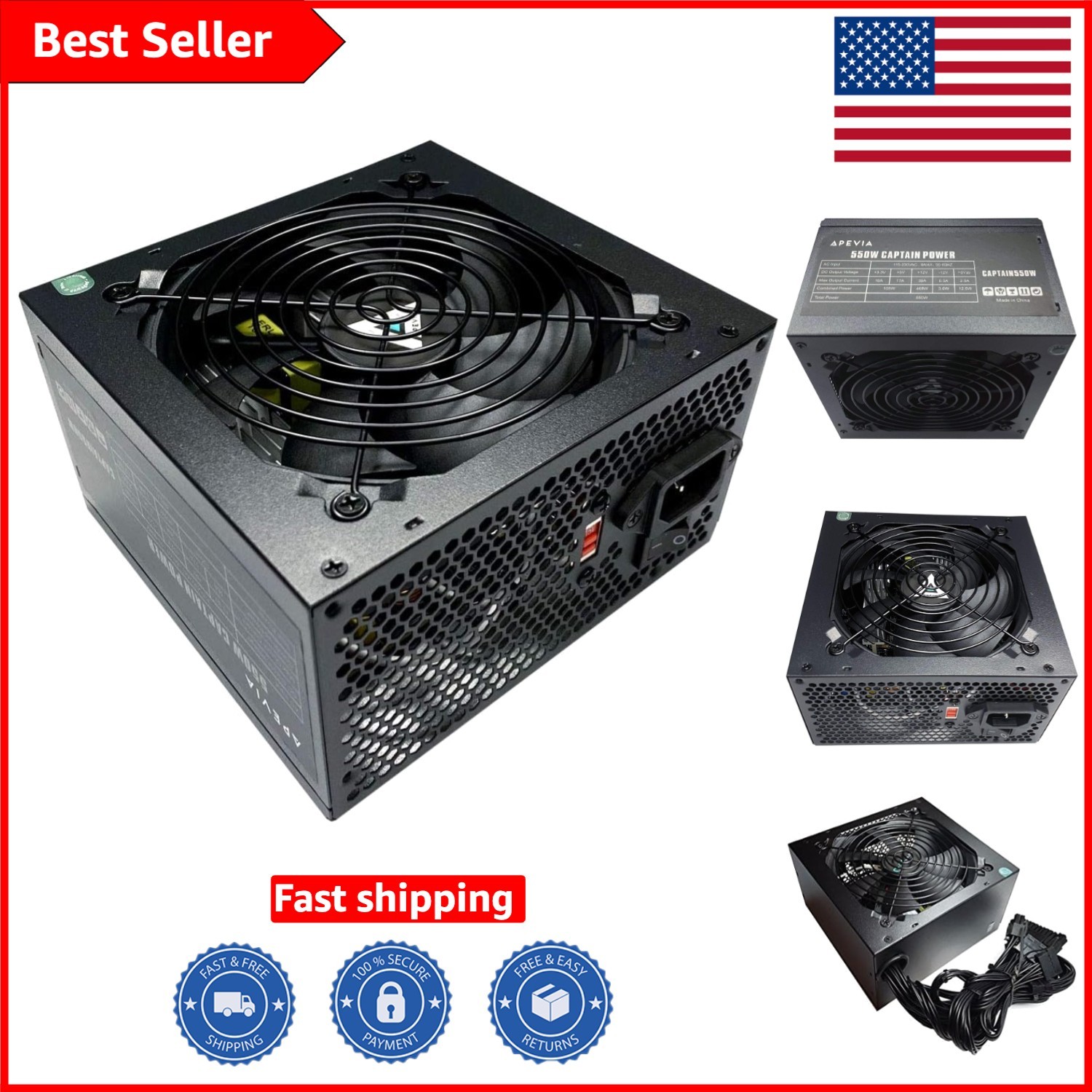 CAPTAIN550 550W ATX Power Supply with Silent Black 120mm Fan & All Black Cables