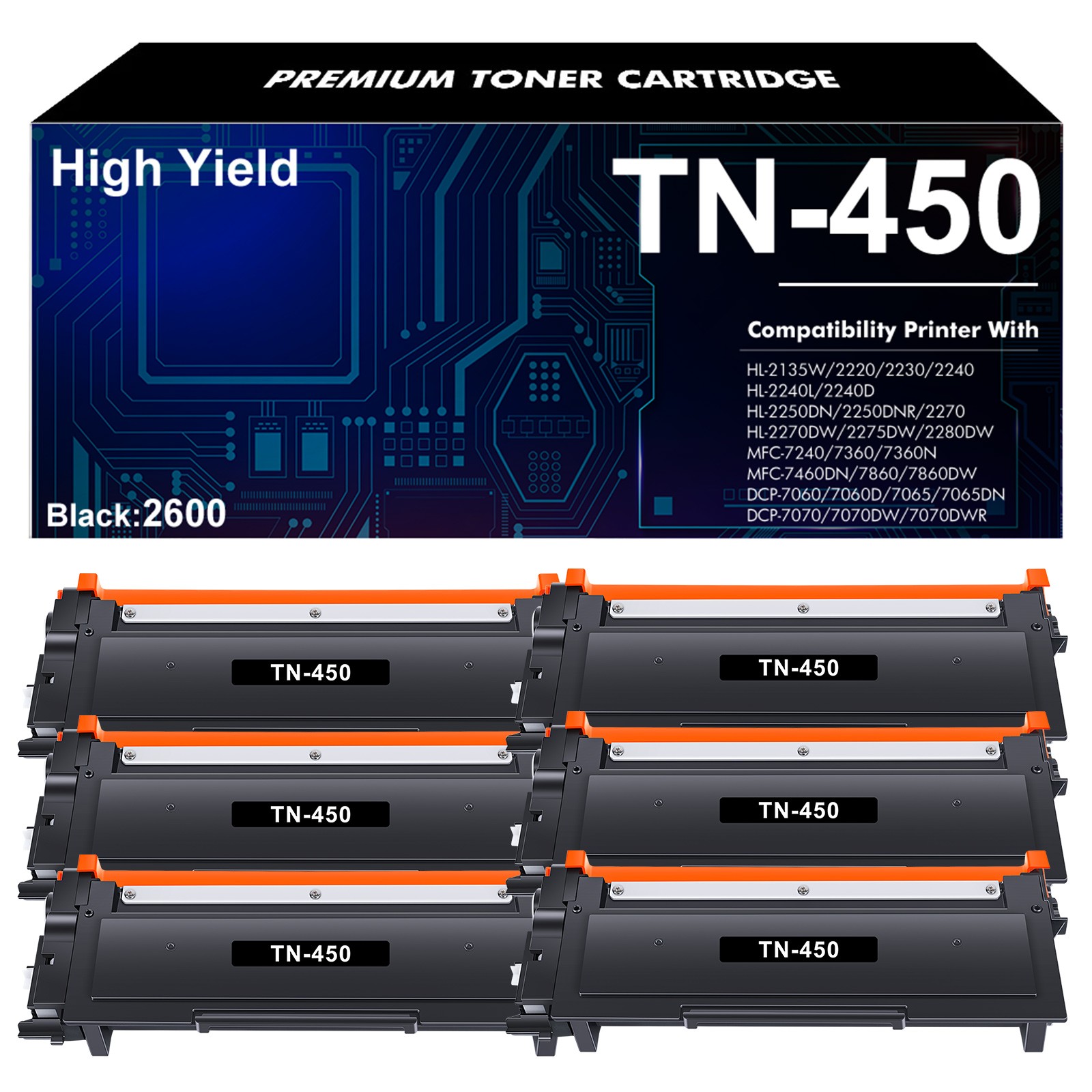 6PK TN450 Toner for Brother TN-450 HL-2240D HL-2242D HL-2250DN HL-2270DW 2275DW
