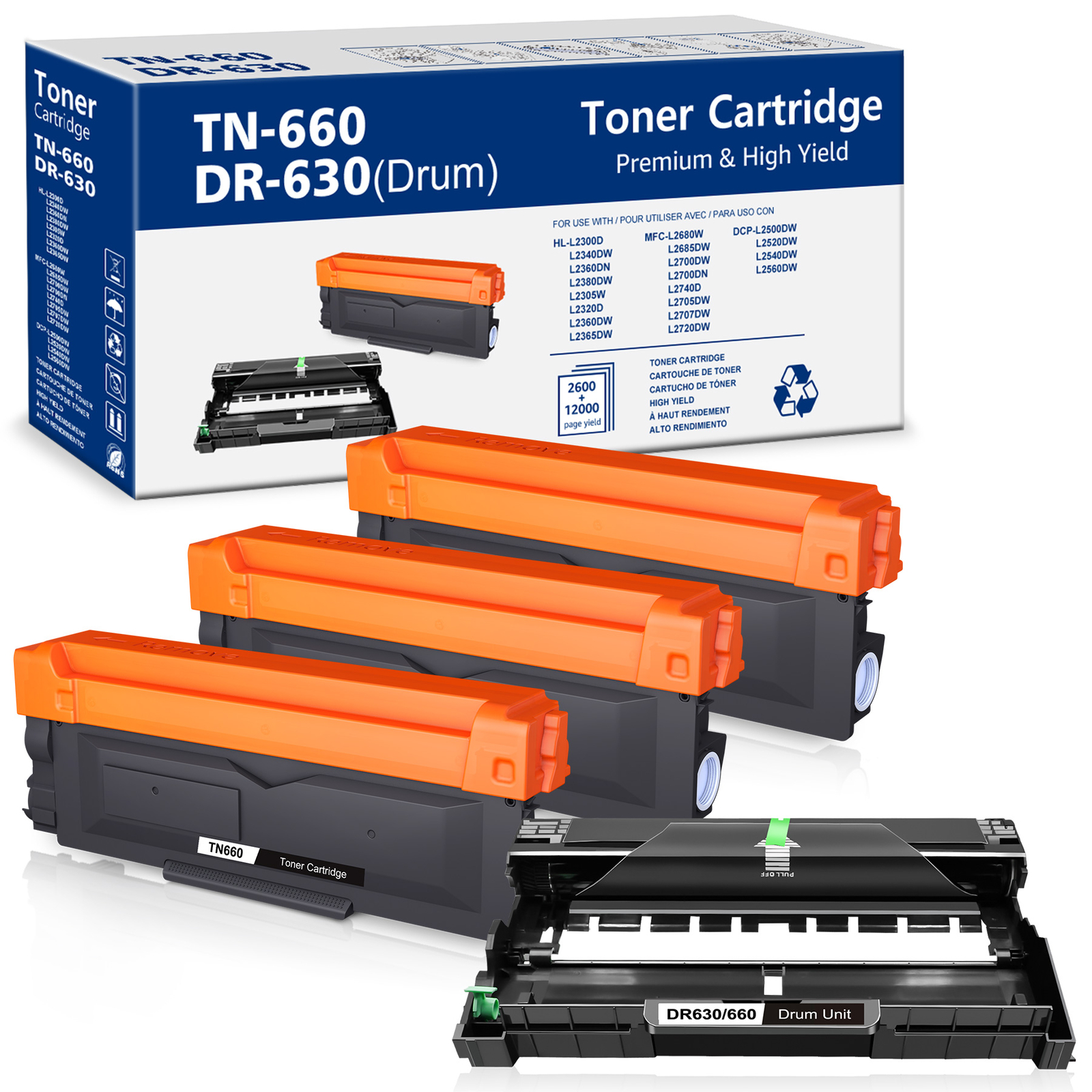 3pk TN660 Toner + 1pk DR-630 Drum DR660 For Brother HL-L2340D L2380W MFC-L2740DW