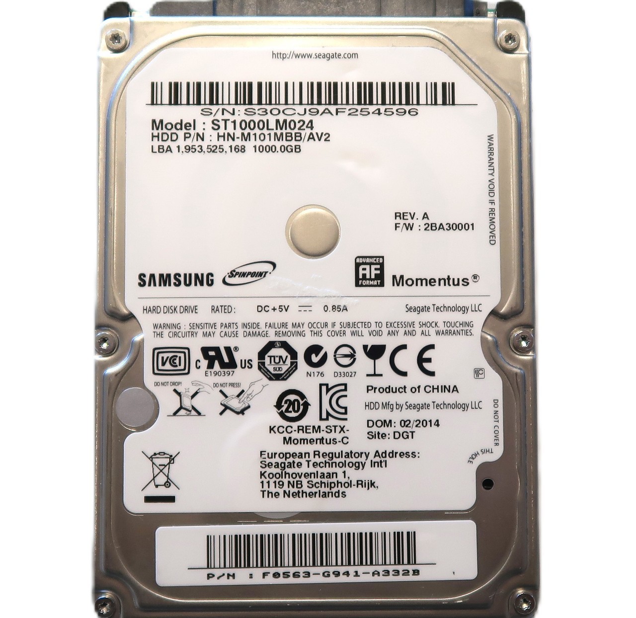 Samsung ST1000LM024 HN-M101MBB/AV2 China F0563-G941 2.5" 1TB 2BA30001 02/2014
