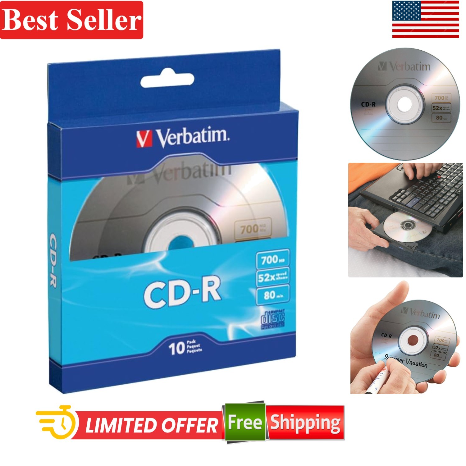 CD-R Discs 700MB 80-Minutes 52X Recordable Pack of 10 Blue