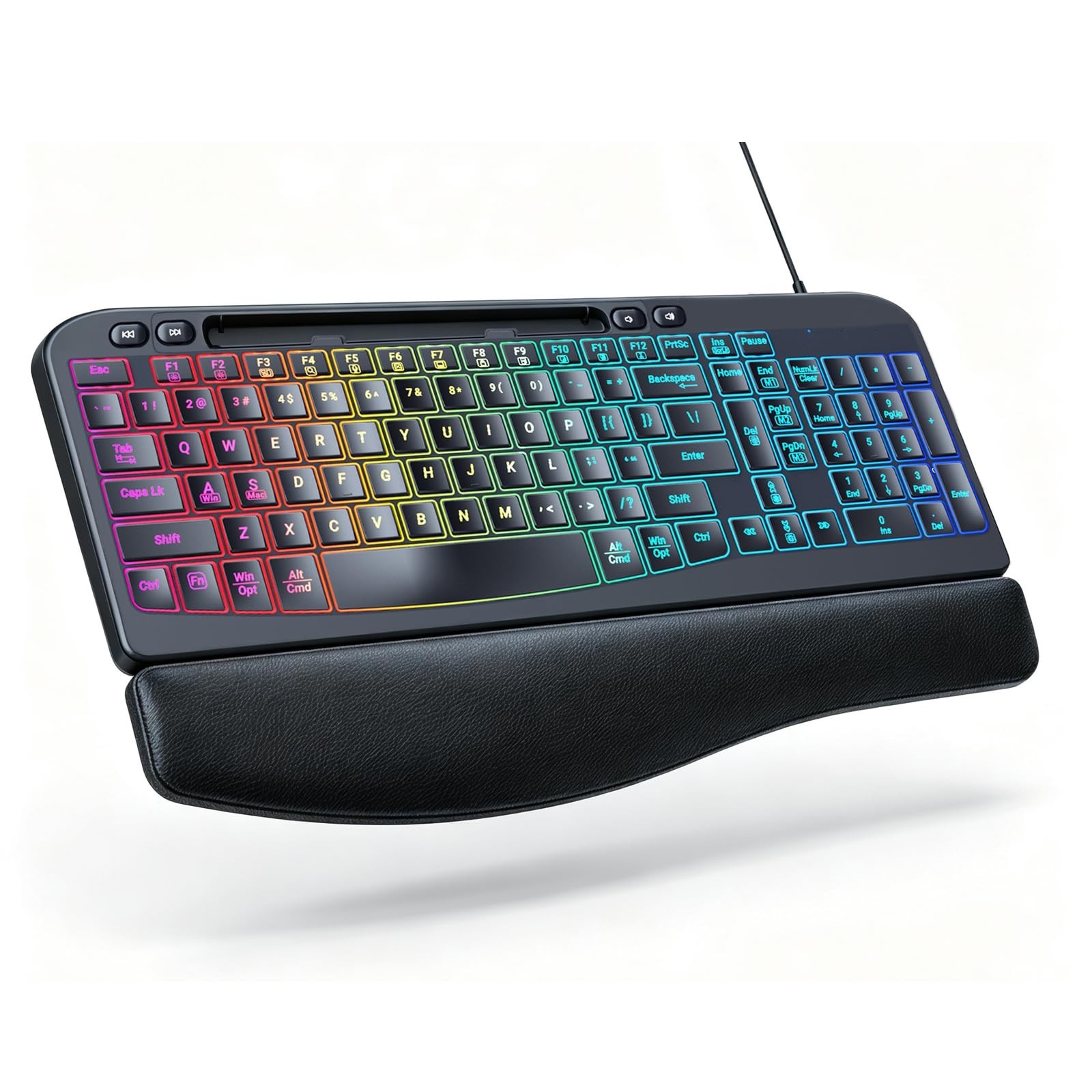 Ergonomic Wired Backlit Keyboard with Wrist Rest for Comfortable Typing, Black
