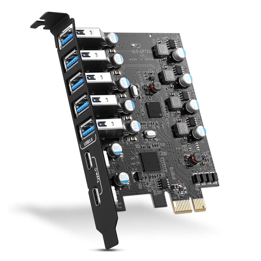 YEELIYA PCIE USB 3.0 Expansion Card 7 Ports (5X Type-A and 2 USB C) PCIe Carr Wi