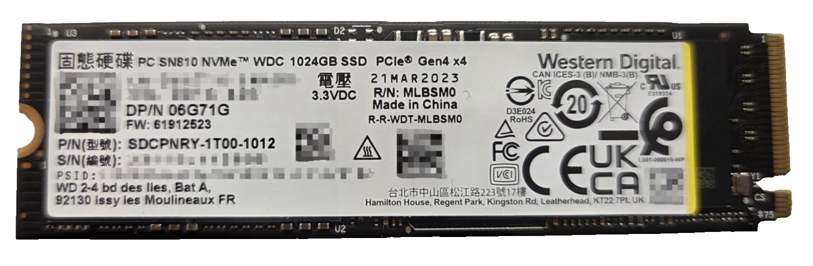 WD PC SN810 1TB NVMe SSD M.2 2280 PCIe Gen4 x4 (Win 11 Pro installed)