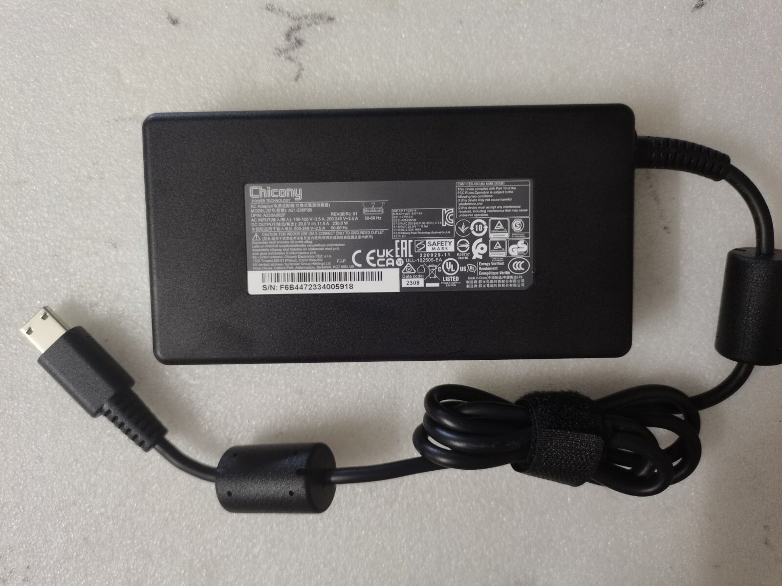 Chicony 20V 11.5A A21-230P2B 220929-11 For MSI GE76 Raider 10UG RTX3070 230W OEM